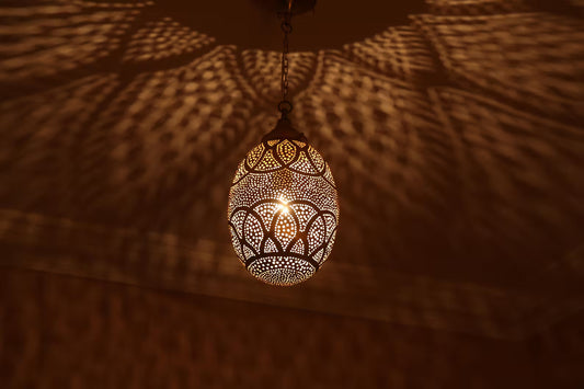 Handmade Moroccan Brass Pendant Light – Pierced Ceiling Lamp for Warm Shadows
