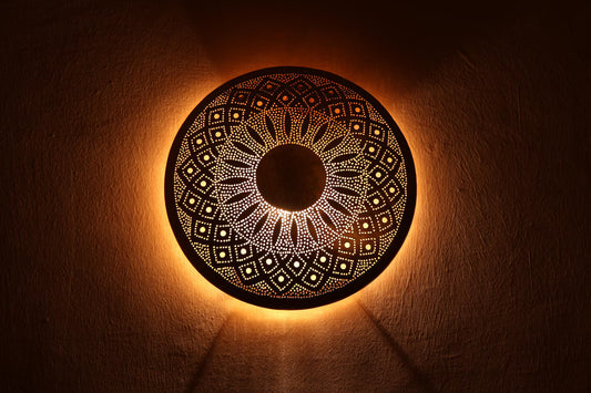 Moroccan Brass Wall Sconce – Handmade Round Light Fixture, Geometric Design, Ambient Glow, Boho Decor, Riad Lighting, Artisan Made